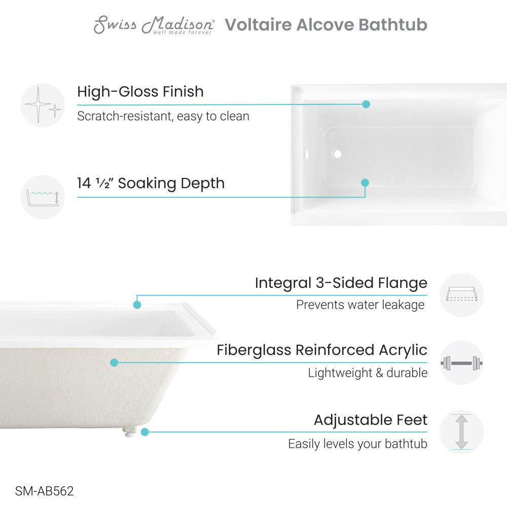 Swiss Madison Voltaire 54" x 30" Acrylic Glossy White, Alcove, Integral Left-Hand Drain, Bathtub | SM-AB562