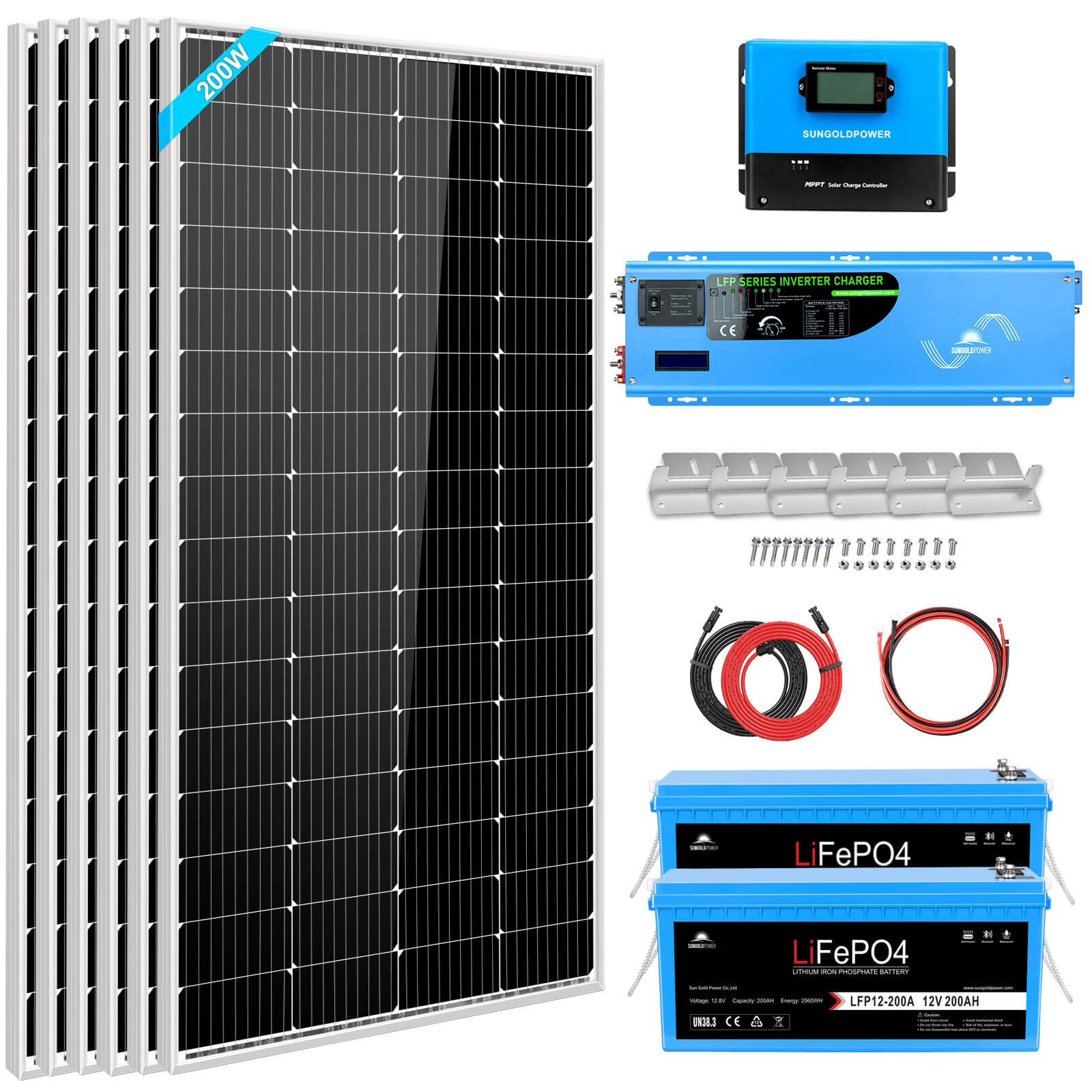 SunGold Power Off Grid Solar Kit | 3,000-12,000W Output - 5,120-10,240Wh Capacity - 800-5,400W Solar | Lithium Battery Bank | Choose a Bundle