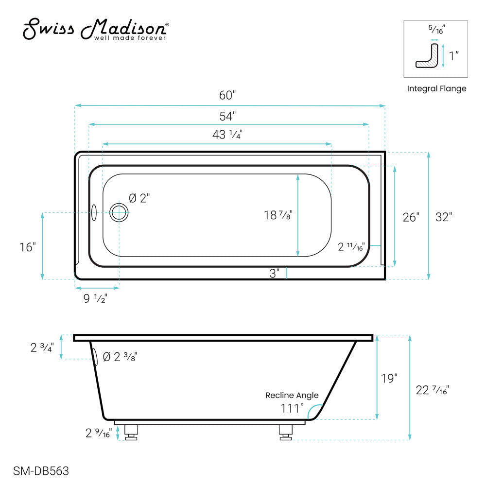 Swiss Madison Voltaire 60" x 32" Left-Hand Drain Alcove Bathtub | SM-DB563