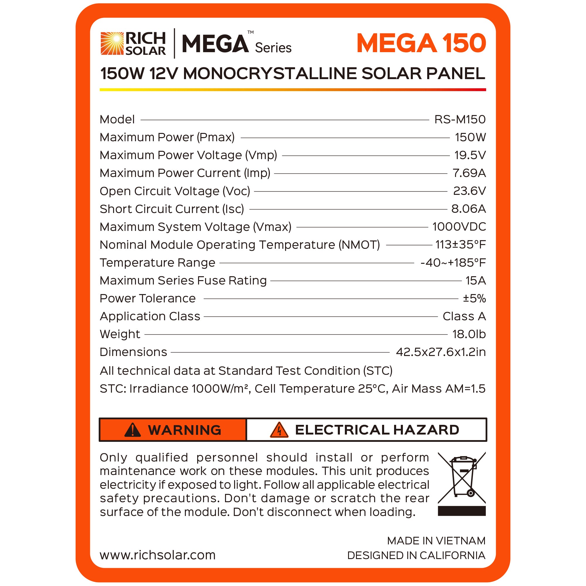 Rich Solar MEGA 150 Monocrystalline Solar Panel | 150W | UL Certified | 25 Year Warranty