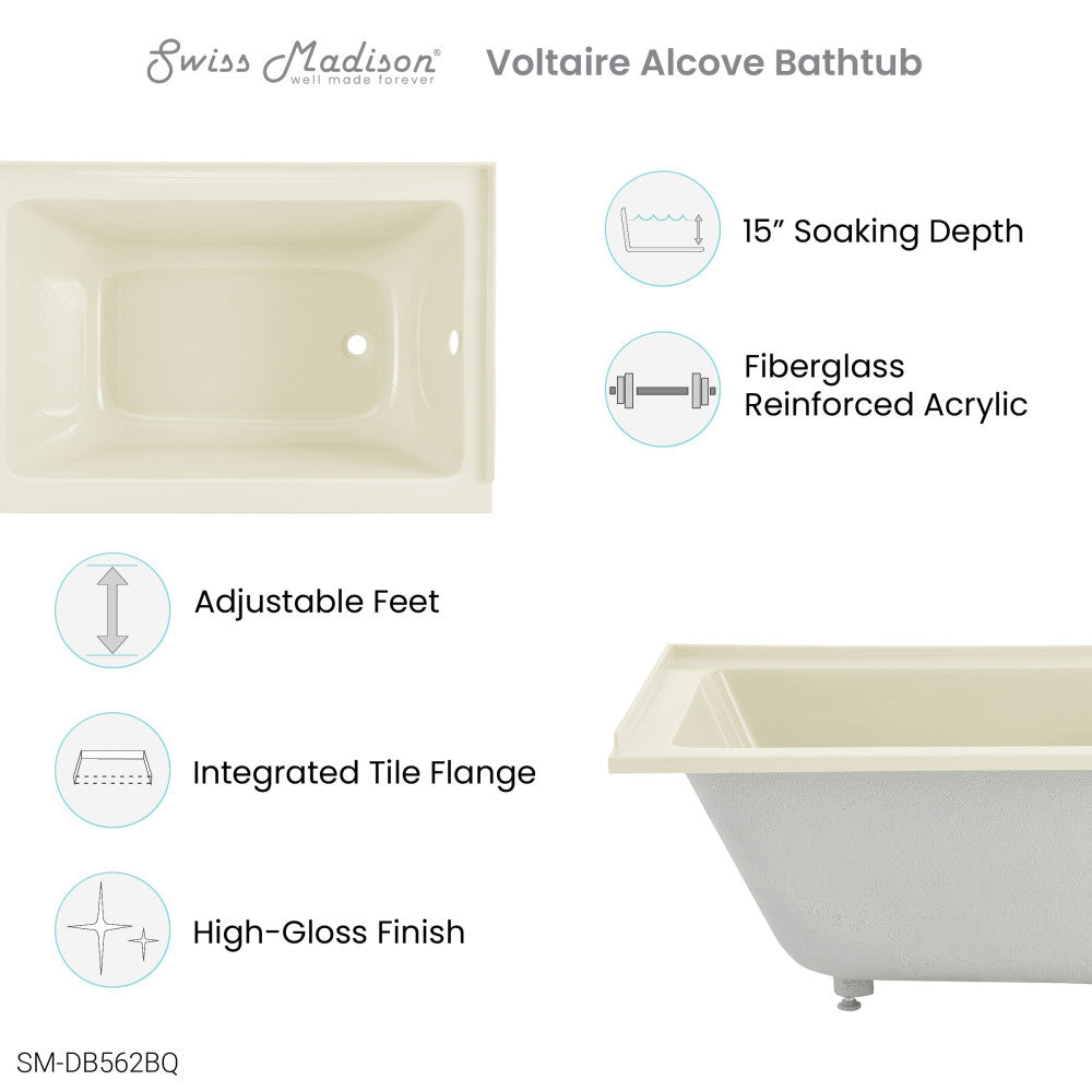 Swiss Madison Voltaire 48" x 32" Right-Hand Drain Alcove Bathtub in Bisque | SM-DB562BQ