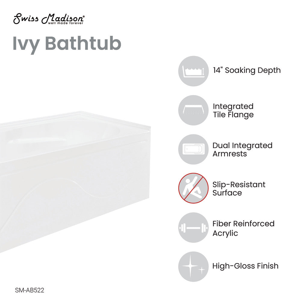 Swiss Madison Ivy 48'' x 32" Bathtub with Apron Left Hand Drain in White | SM-AB522