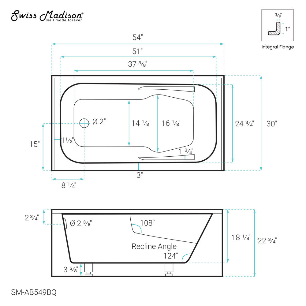 Swiss Madison Voltaire 54" x 30" Left-Hand Drain Alcove Bathtub with Apron in Bisque | SM-AB549BQ