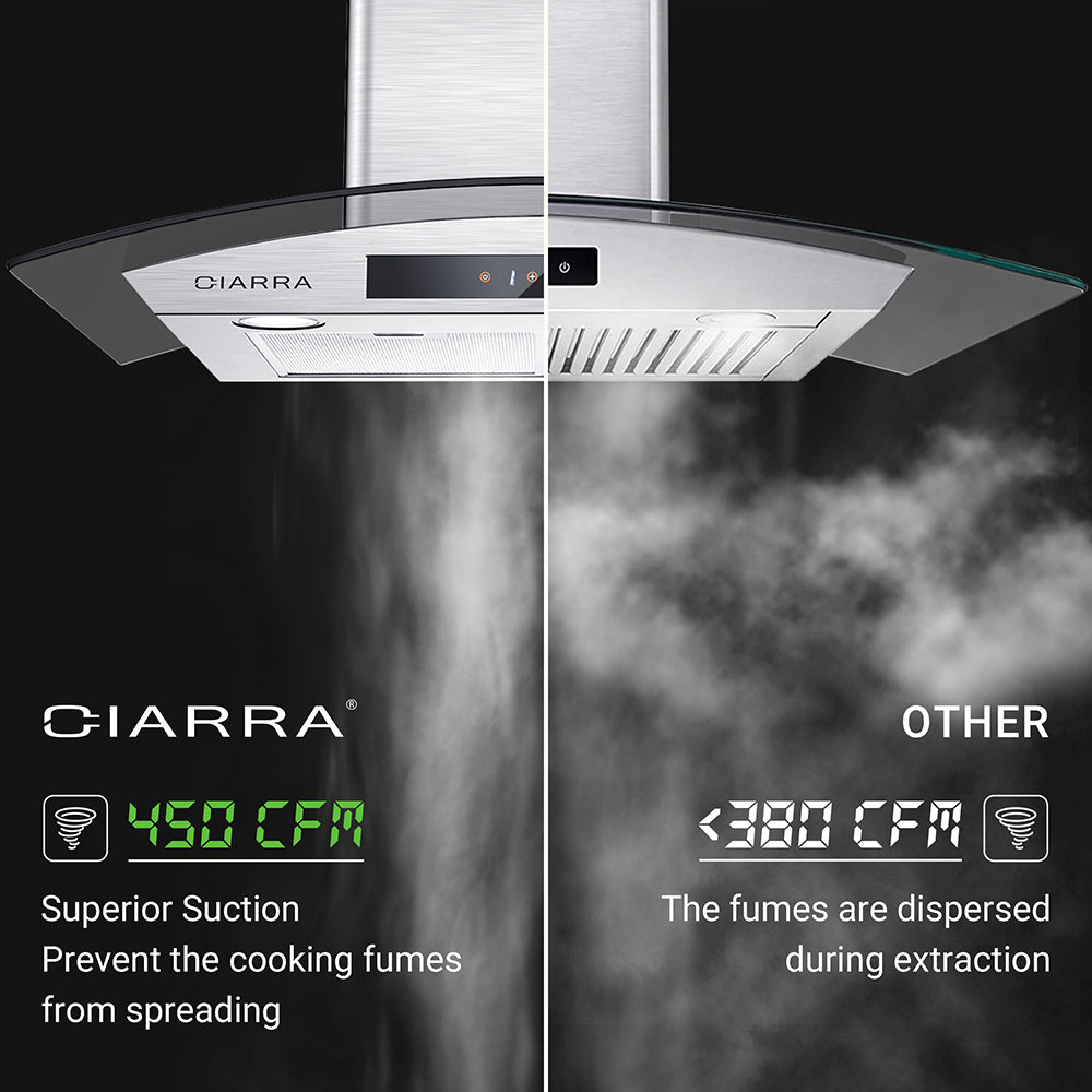 CIARRA 30" 450 CFM Wall Mount Convertible Range Hood in Stainless Steel with Touch Controls and LED Lights