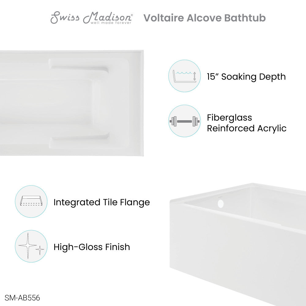 Swiss Madison Voltaire 72" x 36" Left-Hand Drain Alcove Bathtub with Apron and Armrest | SM-AB556