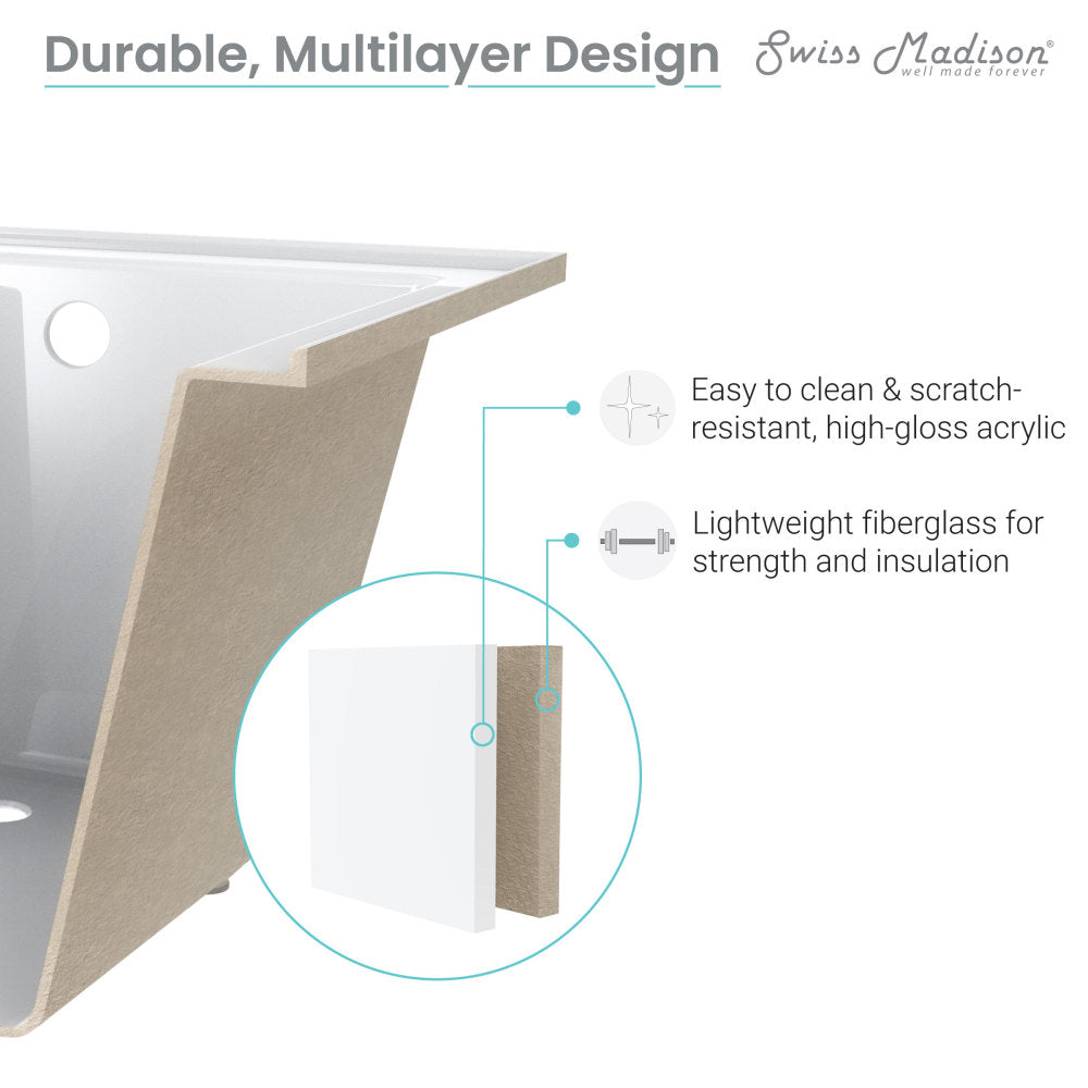 Swiss Madison Voltaire 54" x 30" Acrylic Glossy White, Alcove, Integral Left-Hand Drain, Bathtub | SM-AB562