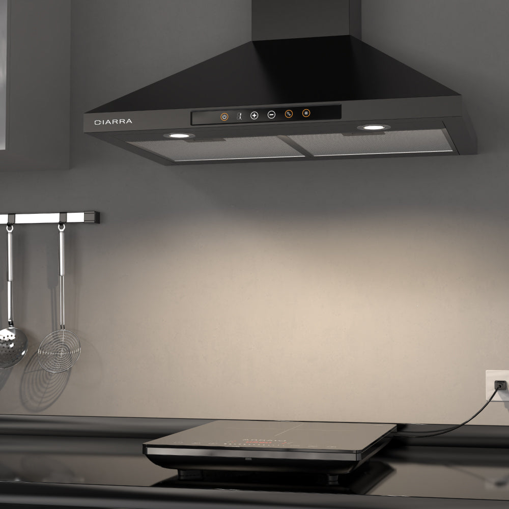 CIARRA 30" 450 CFM Wall Mount Convertible Smart Range Hood in Black with Voice and Touch Controls