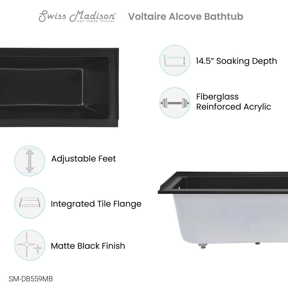 Swiss Madison Voltaire 60" x 30" Left-Hand Drain Alcove Bathtub in Matte Black | SM-DB559MB