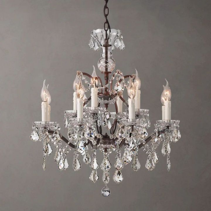 19th C. Rococo Iron & Crystal Round Chandelier 28"