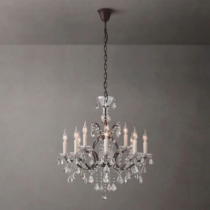 19th C. Rococo Iron & Crystal Round Chandelier 28"