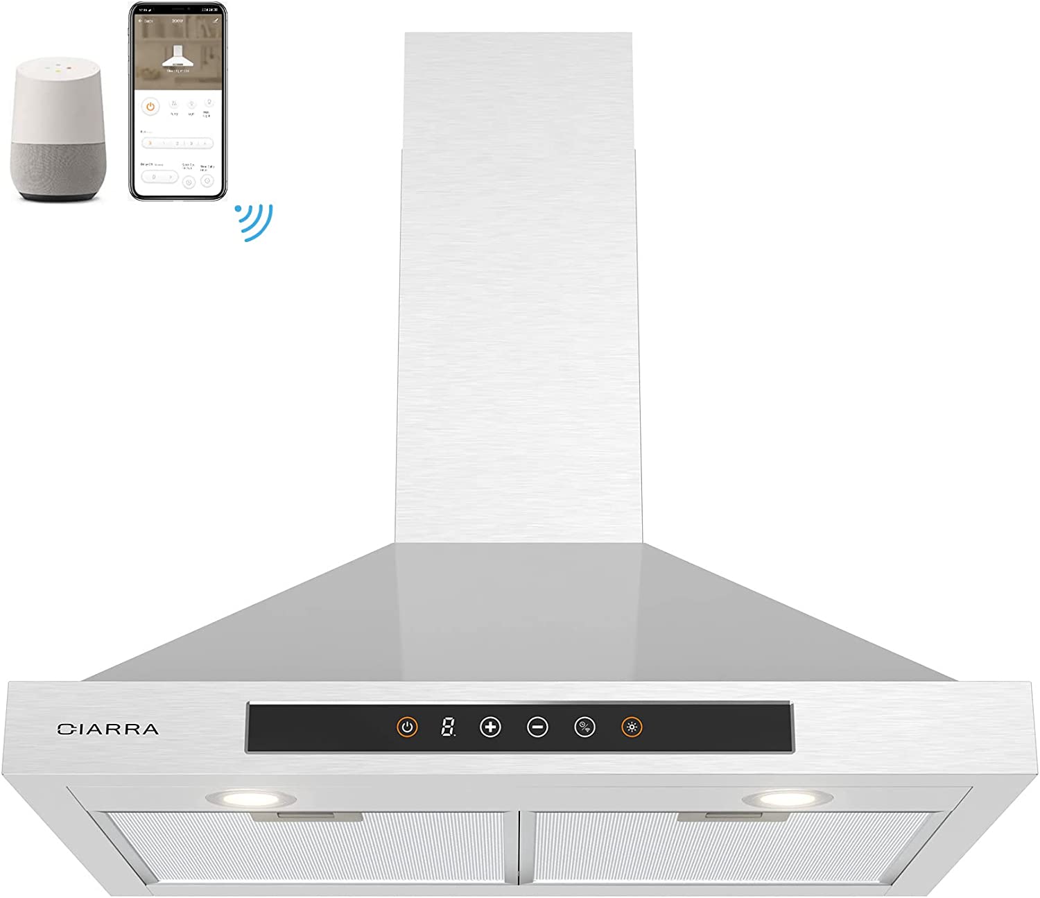 CIARRA 30" 450 CFM Wall Mount Convertible Smart Range Hood in Stainless Steel with Voice and Touch Controls