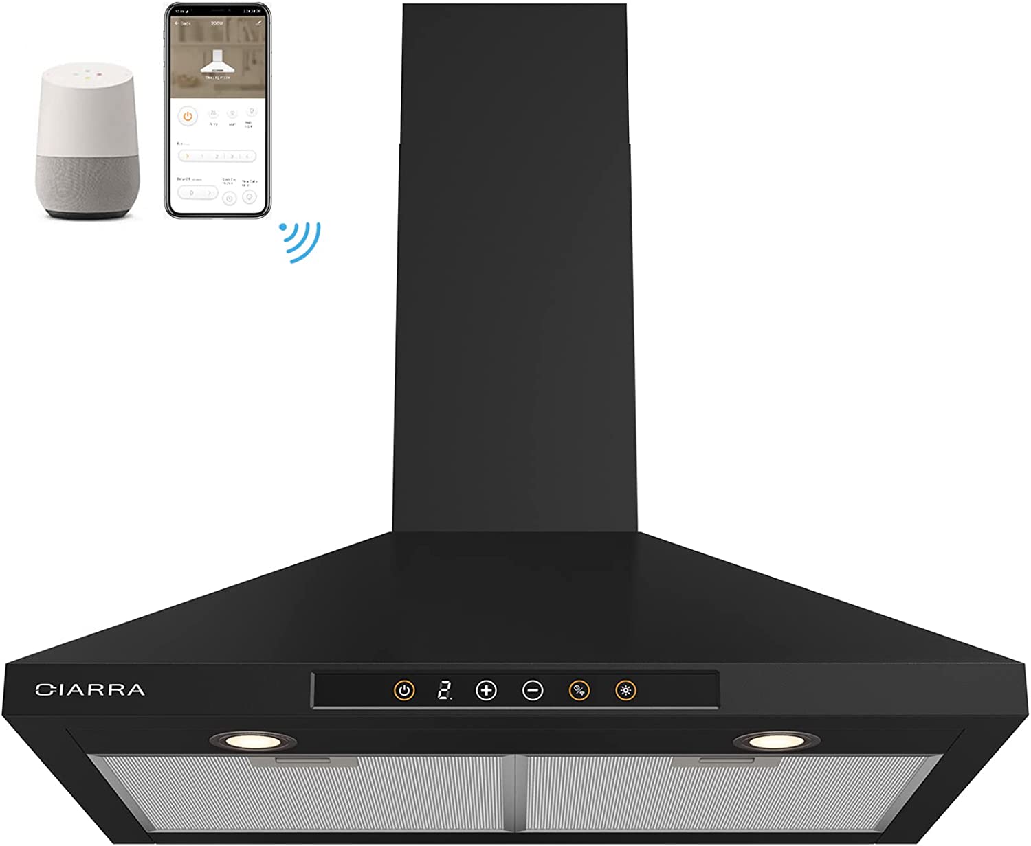 CIARRA 30" 450 CFM Wall Mount Convertible Smart Range Hood in Black with Voice and Touch Controls