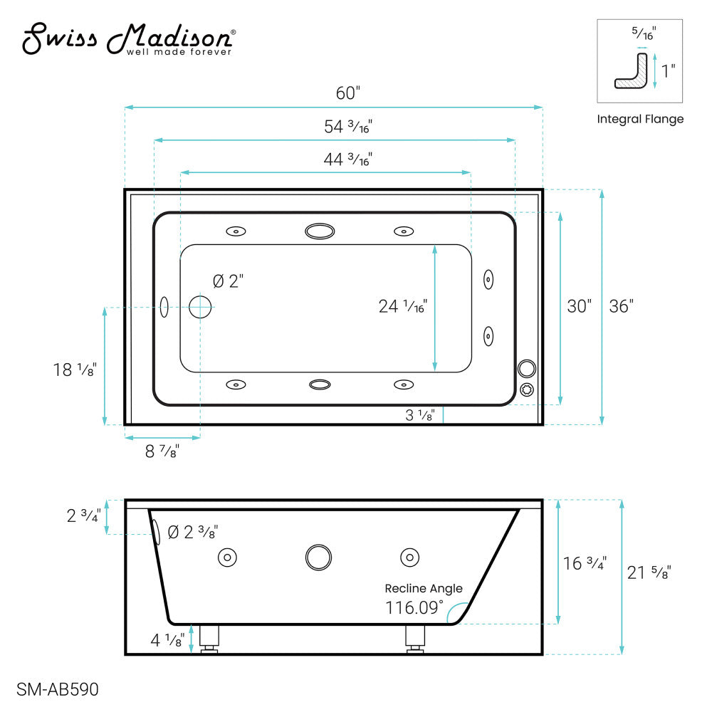 Swiss Madison Avancer 60" x 36" Left-Hand Drain Rectangular Alcove Whirlpool Bathtub with Apron | SM-AB590