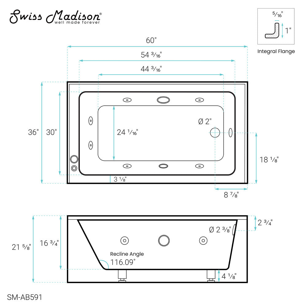 Swiss Madison Avancer 60" x 36" Right-Hand Drain Rectangular Alcove Whirlpool Bathtub with Apron | SM-AB591