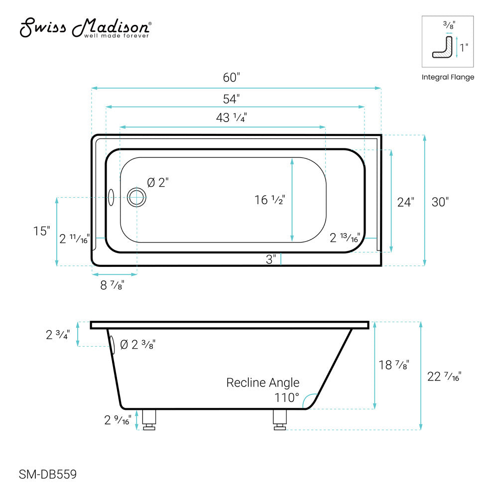 Swiss Madison Voltaire 60" x 30" Left-Hand Drain Alcove Bathtub | SM-DB559