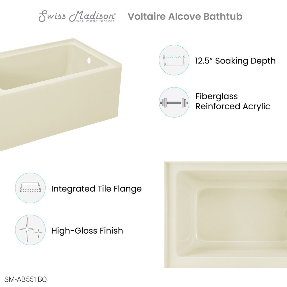 Swiss Madison Voltaire 48" x 32" Right-Hand Drain Alcove Bathtub with Apron in Bisque | SM-AB551BQ