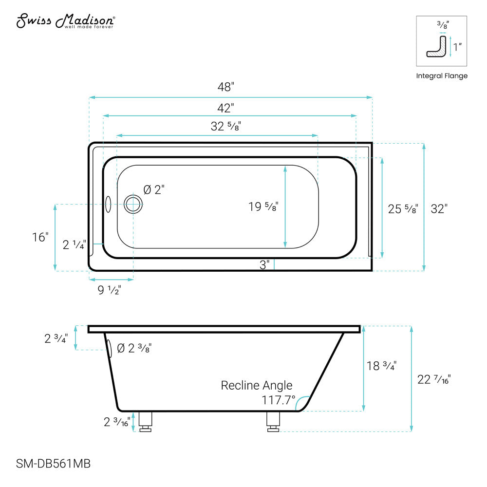 Swiss Madison Voltaire 48" x 32" Left-Hand Drain Alcove Bathtub in Matte Black | SM-DB561MB