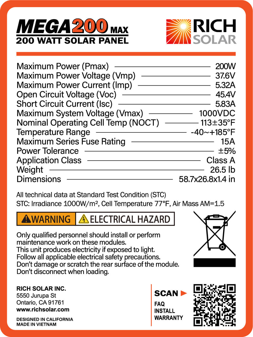 Rich Solar MEGA 200 Monocrystalline Solar Panel | 200W | UL Certified | 25 Year Warranty