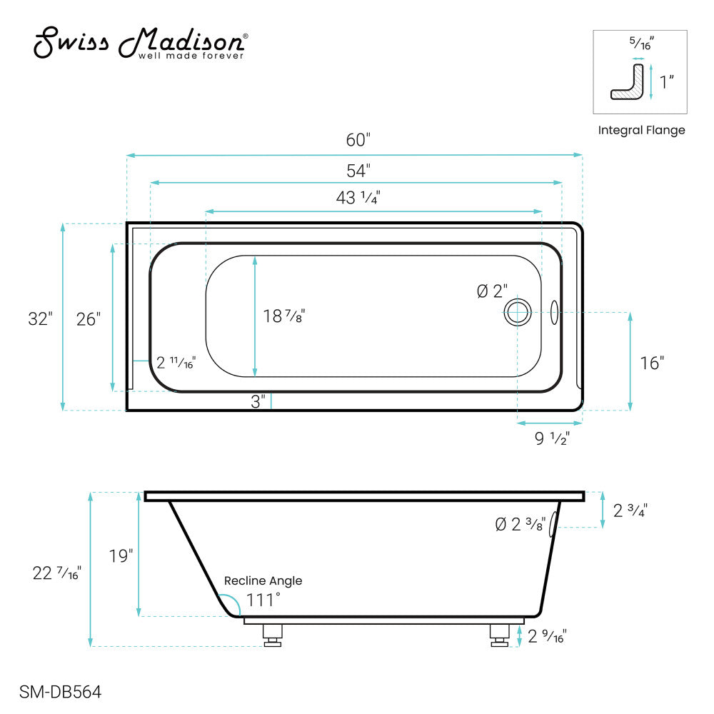 Swiss Madison Voltaire 60" x 32" Right-Hand Drain Alcove Bathtub | SM-DB564