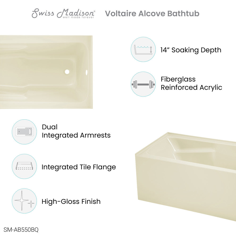 Swiss Madison Voltaire 54" x 30" Right-Hand Drain Alcove Bathtub with Apron in Bisque | SM-AB550BQ