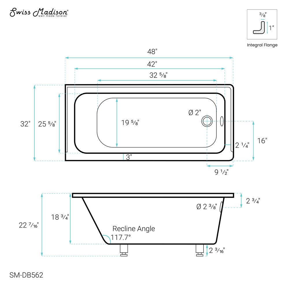 Swiss Madison Voltaire 48" x 32" Right-Hand Drain Alcove Bathtub | SM-DB562