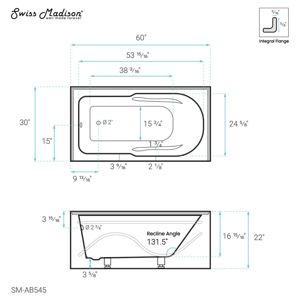 Swiss Madison Ivy 60" x 30" Left-Hand Drain Alcove Bathtub with Apron | SM-AB545