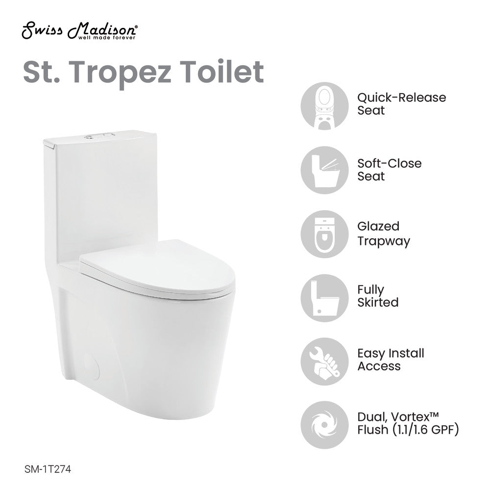 Swiss Madison St. Tropez One Piece Elongated Toilet Dual Vortex Flush 1.1/1.6 gpf with 10" Rough In | SM-1T274