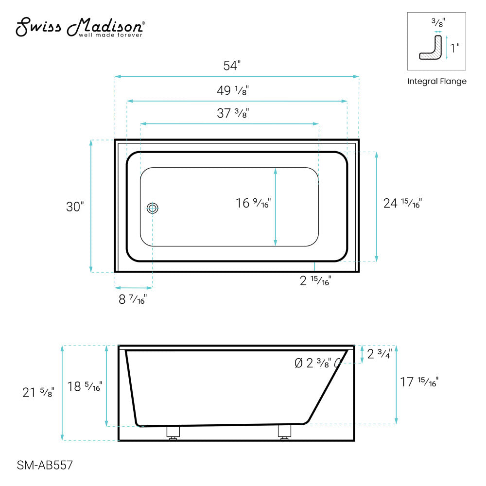 Swiss Madison Voltaire 54" x 30" Left-Hand Drain Alcove Bathtub with Apron | SM-AB557