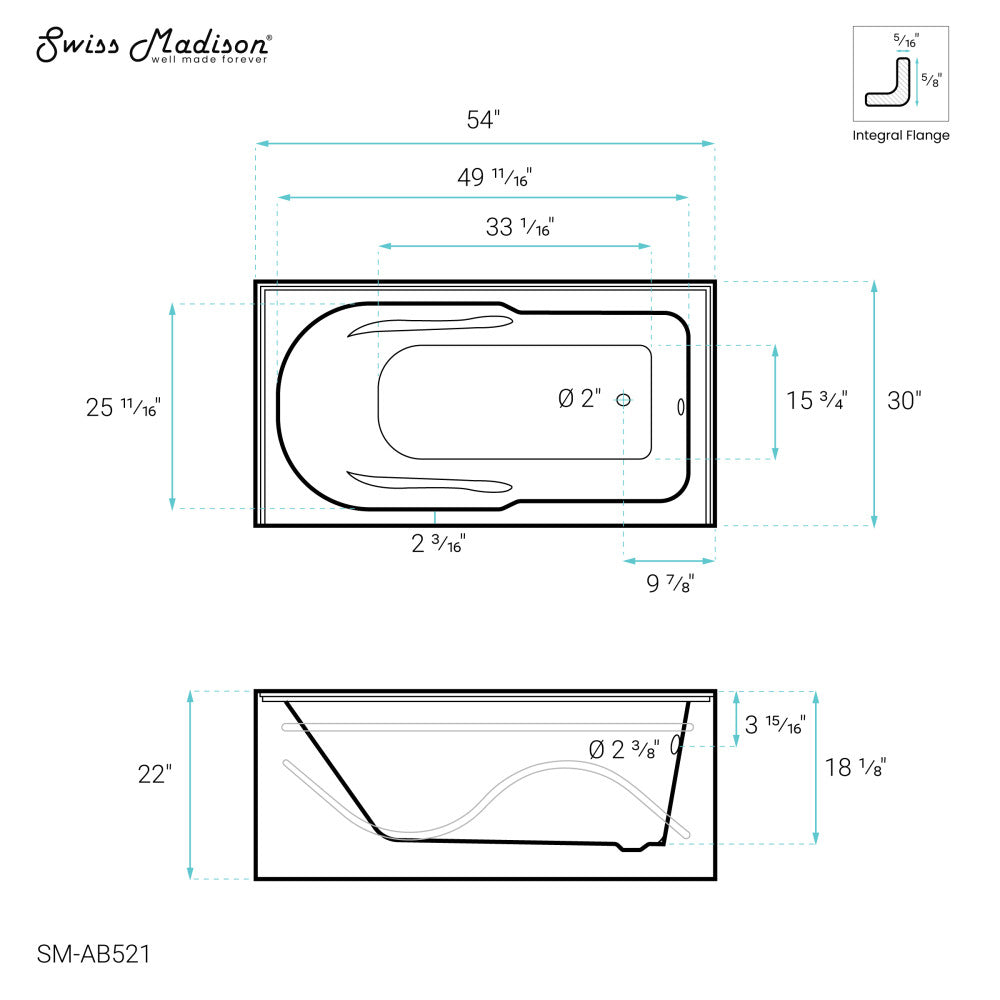 Swiss Madison Ivy 54'' x 30" Bathtub with Apron Right Hand Drain in White | SM-AB521