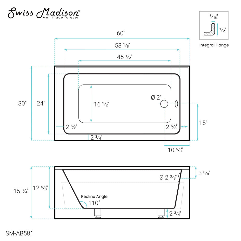 Swiss Madison Virage 60" x 30" Right-Hand Drain Alcove Bathtub with Apron | SM-AB581