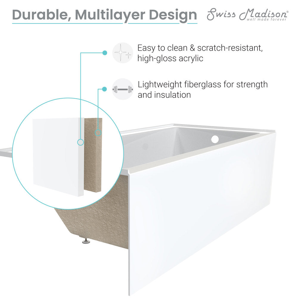 Swiss Madison Concorde 60" x 32" Acrylic Glossy White, Alcove, Integral, Left-Hand Drain, Apron Bathtub | SM-AB561