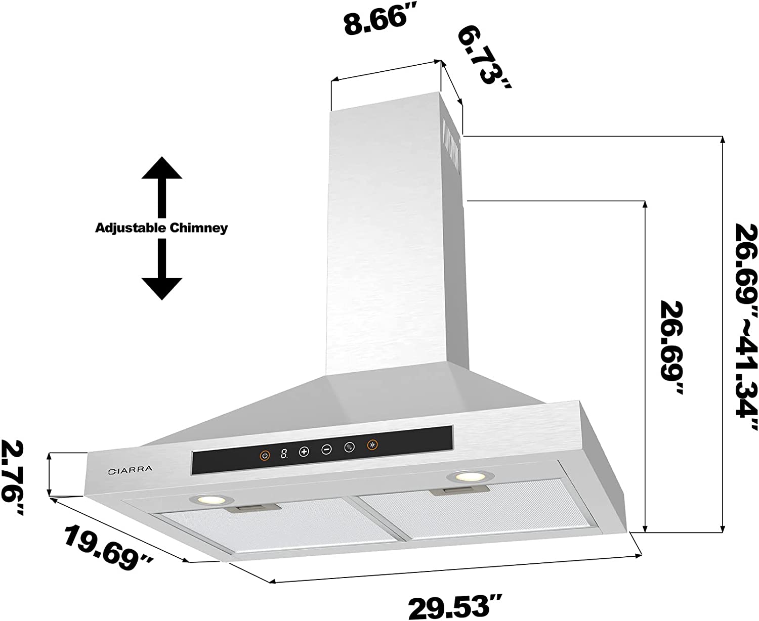 CIARRA 30" 450 CFM Wall Mount Convertible Smart Range Hood in Stainless Steel with Voice and Touch Controls