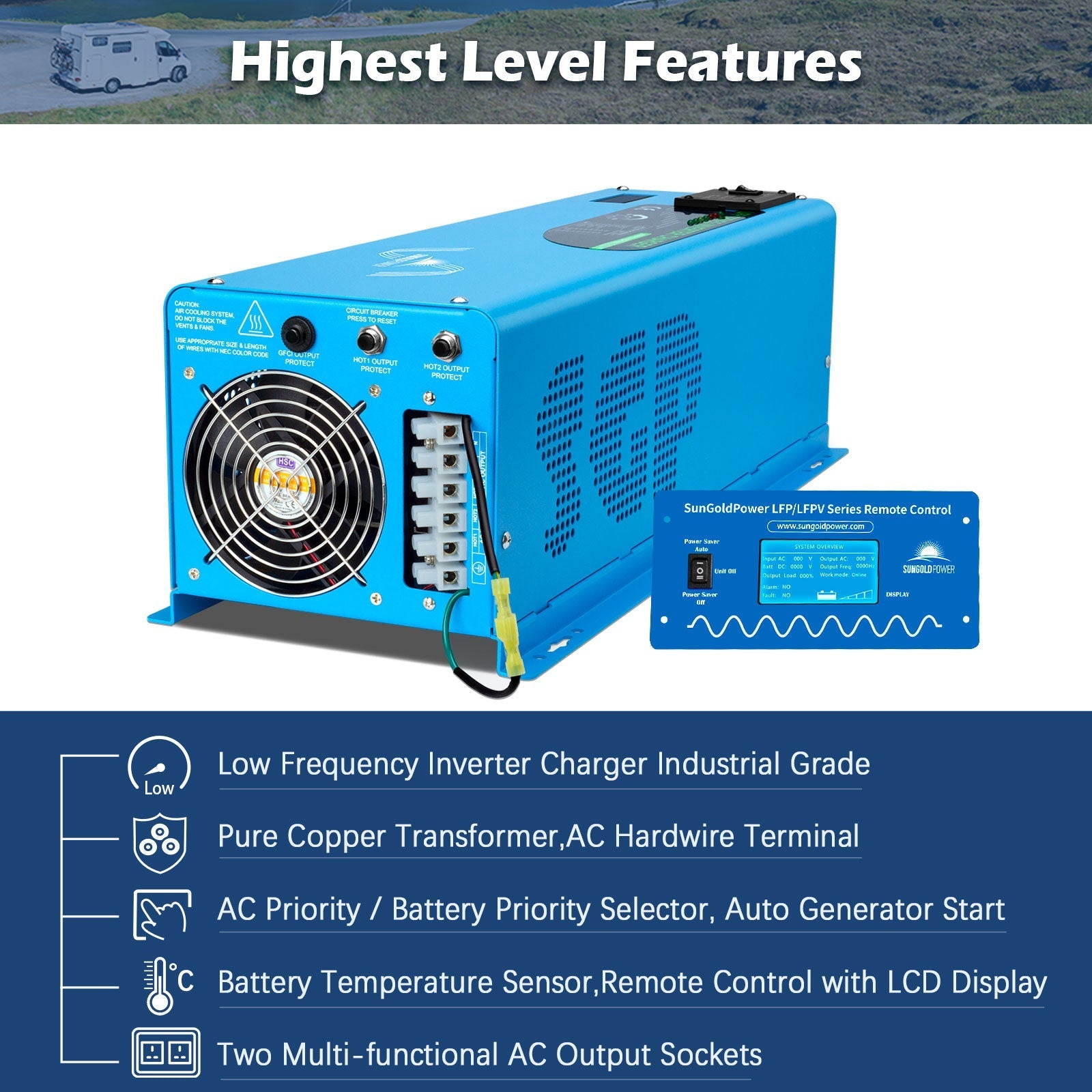 SunGold Power 48V Split Phase Pure Sine Wave Inverter | 6,000W Output | With Charger | UL1741 Standard