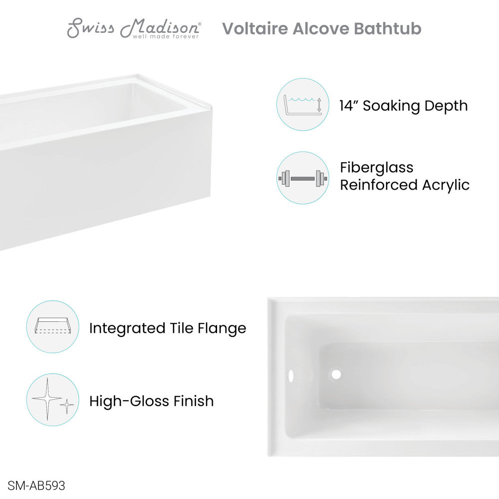 Swiss Madison Voltaire 60" x 30" Left-Hand Drain Alcove Bathtub with Apron | SM-AB593