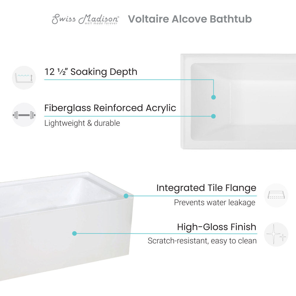 Swiss Madison Voltaire 48" x 32" Right-Hand Drain Alcove Bathtub with Apron | SM-AB551