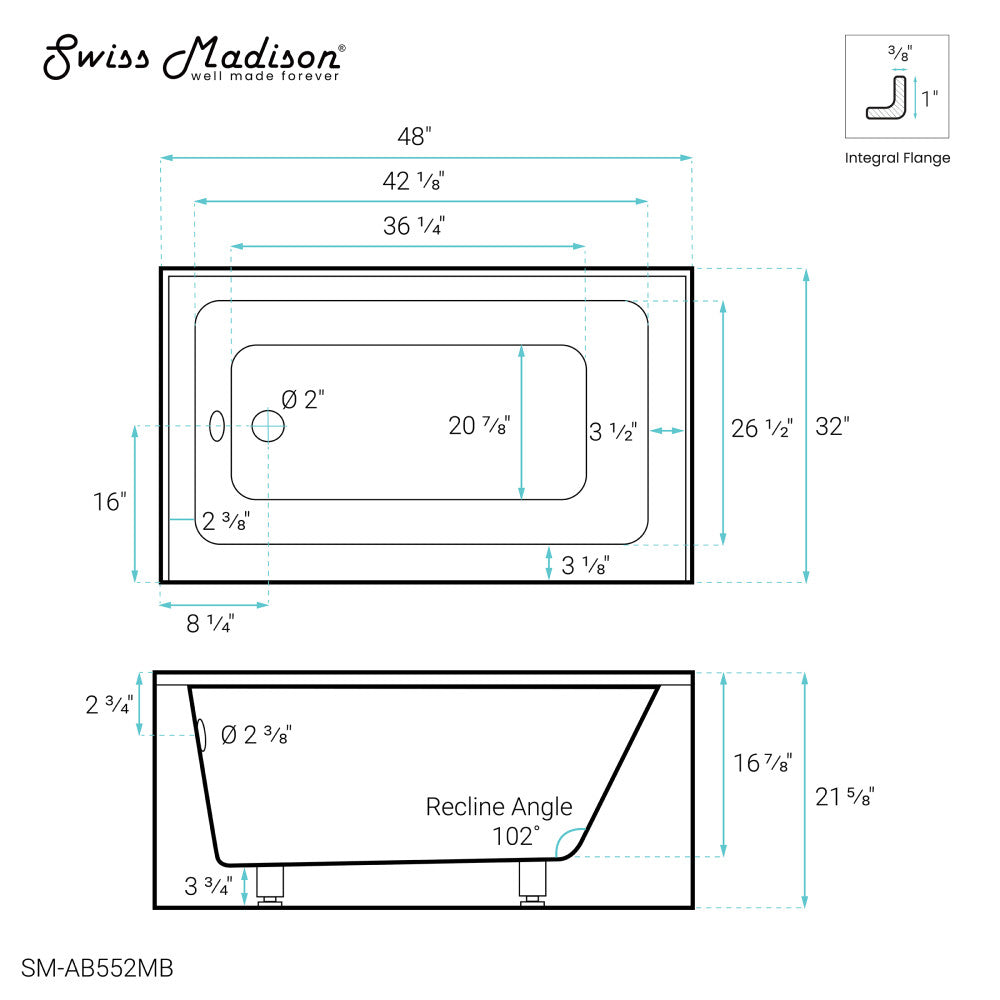 Swiss Madison Voltaire 48" x 32" Left-Hand Drain Alcove Bathtub with Apron in Matte Black | SM-AB552MB