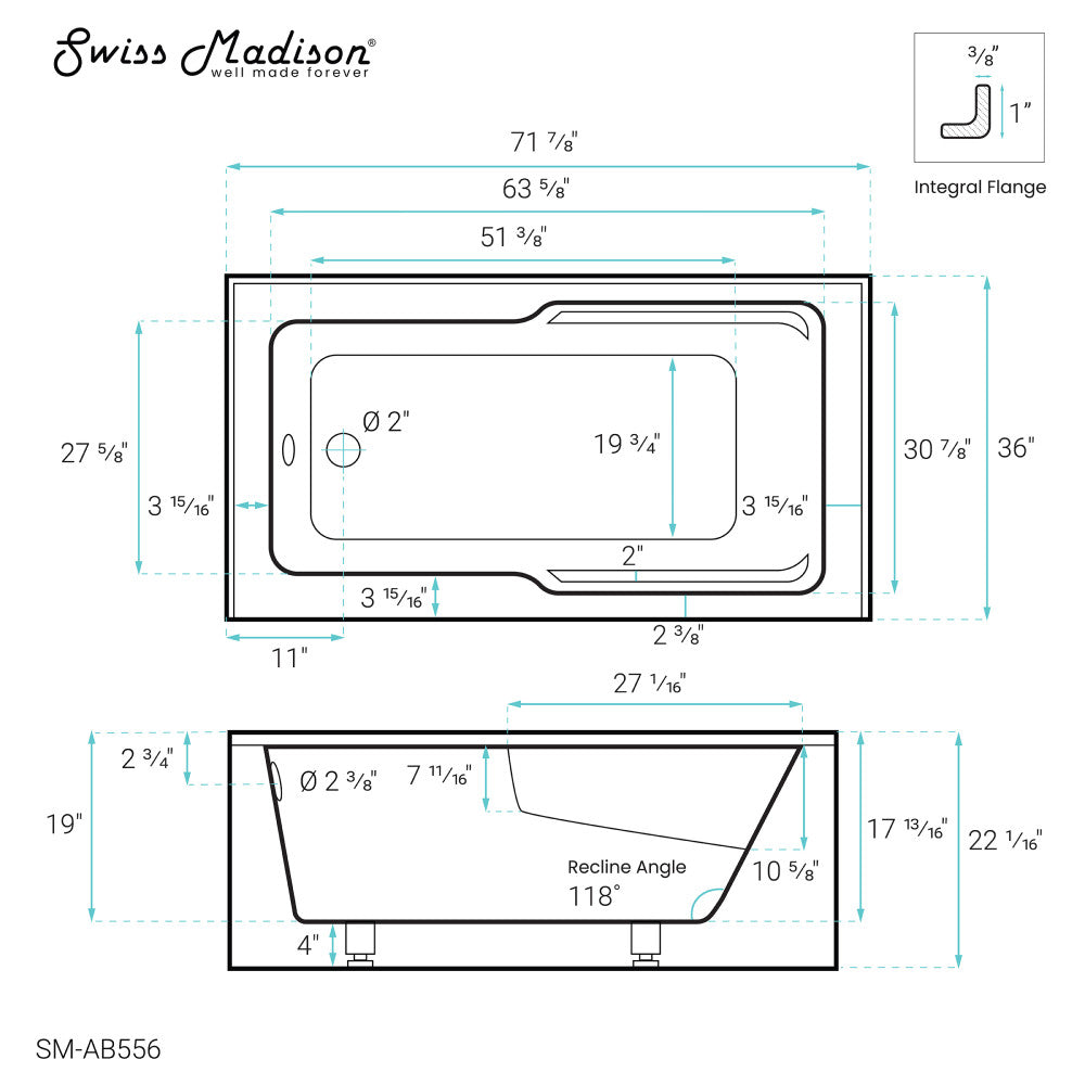 Swiss Madison Voltaire 72" x 36" Left-Hand Drain Alcove Bathtub with Apron and Armrest | SM-AB556