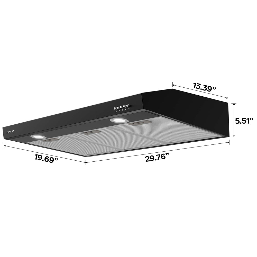 CIARRA 30" 200 CFM Under Cabinet Convertible Range Hood in Black with LED Lights