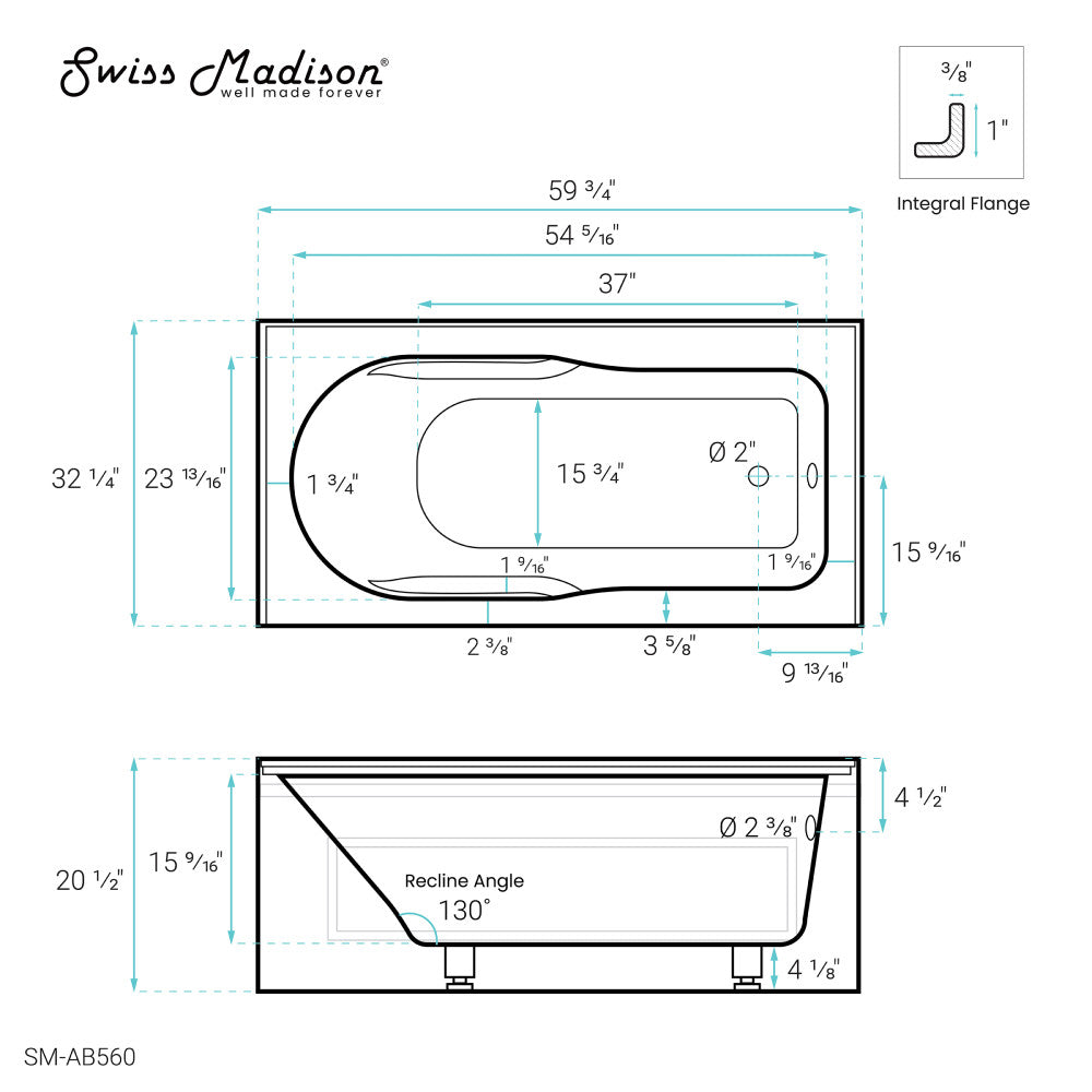 Swiss Madison Concorde 60" x 32" Acrylic Glossy White, Alcove, Integral, Right-Hand Drain, Apron Bathtub | SM-AB560