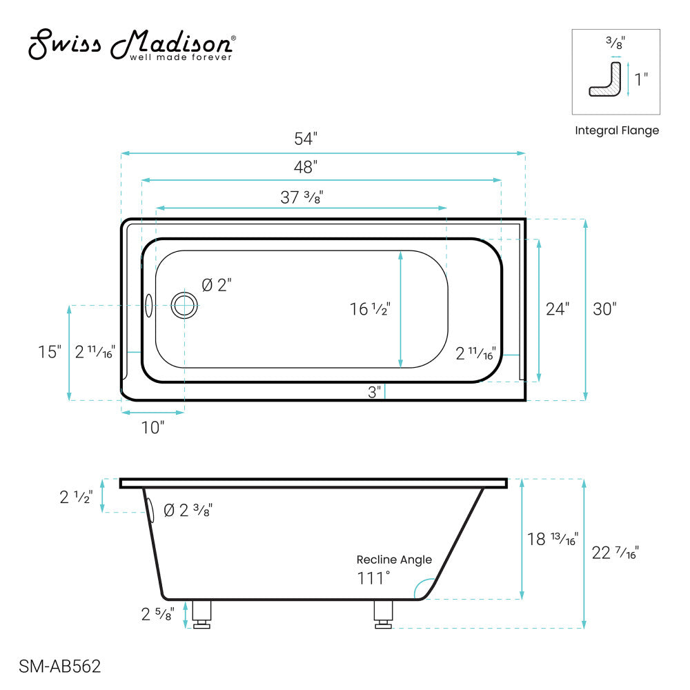 Swiss Madison Voltaire 54" x 30" Acrylic Glossy White, Alcove, Integral Left-Hand Drain, Bathtub | SM-AB562