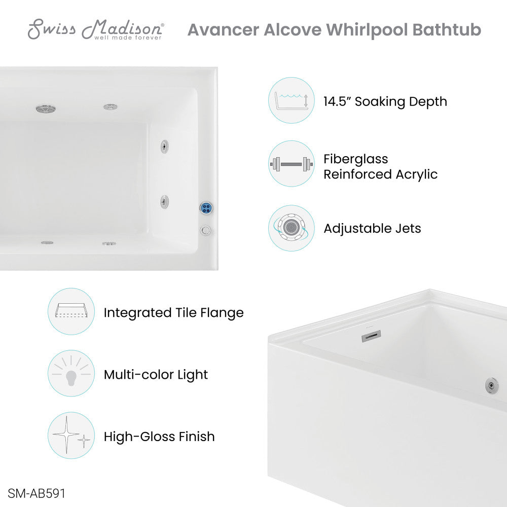 Swiss Madison Avancer 60" x 36" Right-Hand Drain Rectangular Alcove Whirlpool Bathtub with Apron | SM-AB591