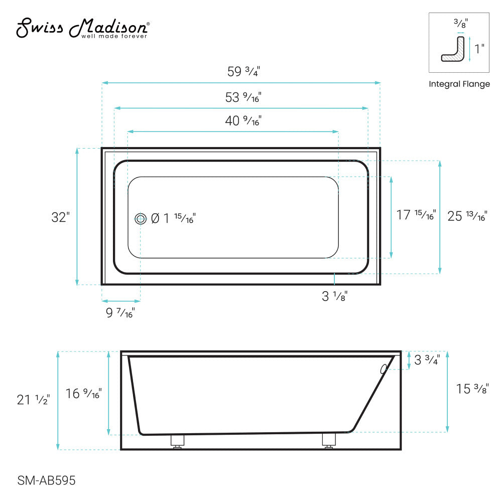 Swiss Madison Voltaire 60" x 32" Left-Hand Drain Alcove Bathtub with Apron | SM-AB595