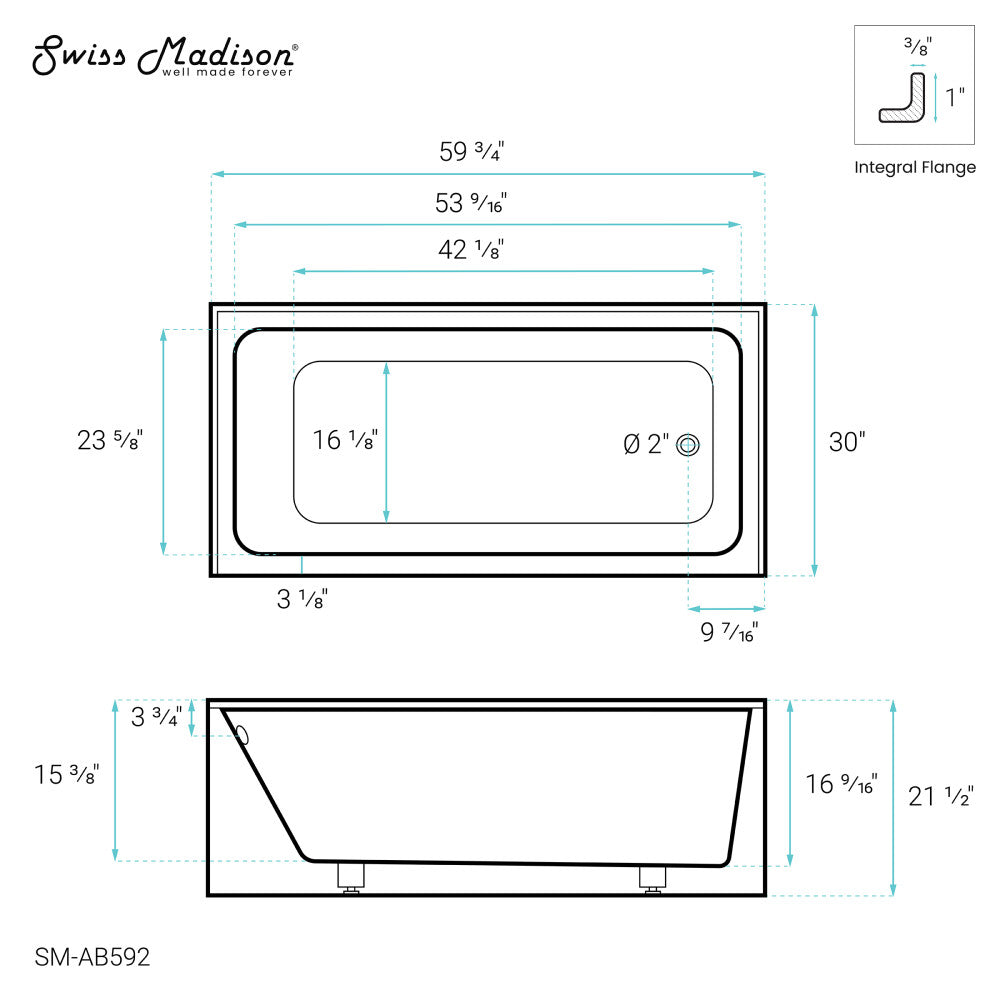 Swiss Madison Voltaire 60" x 30" Right-Hand Drain Alcove Bathtub with Apron | SM-AB592