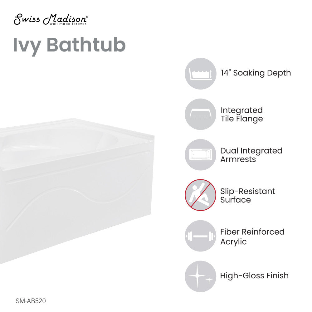 Swiss Madison Ivy 54'' x 30" Bathtub with Apron Left Hand Drain in White | SM-AB520