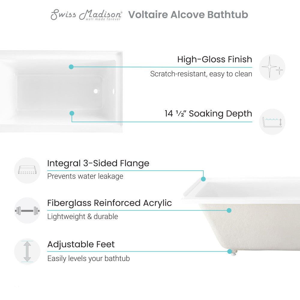 Swiss Madison Voltaire 60" x 30" Right-Hand Drain Alcove Bathtub | SM-DB560