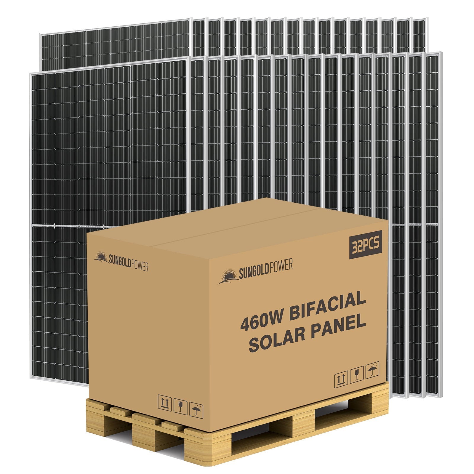 SunGold Power Bifacial PERC Bulk Solar Panels | 460W | 32 Panels per Pallet | 25 Year Warranty