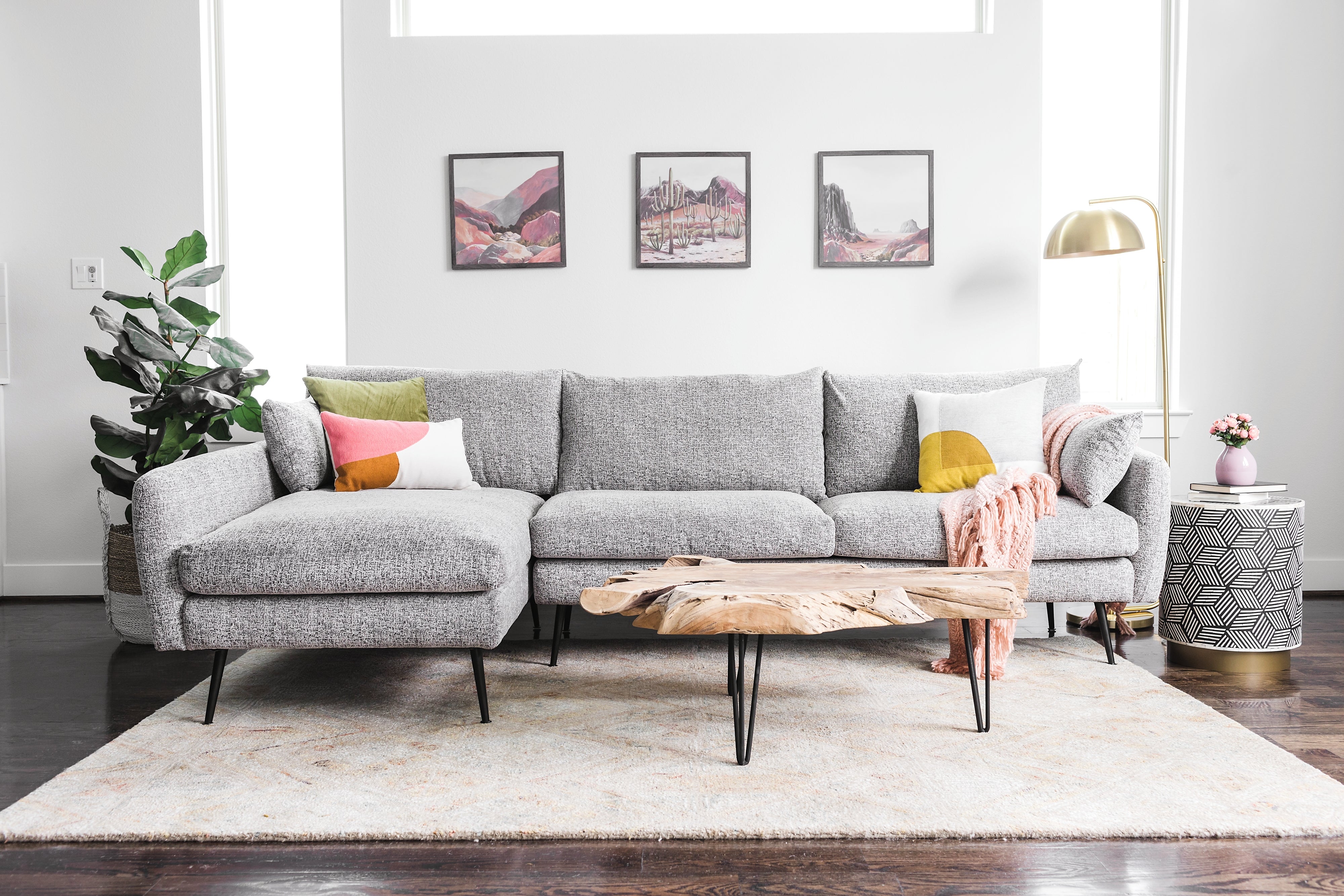 charcoal textured weave gold left facing | Park Sectional Sofa shown in charcoal textured weave with gold legs left facing