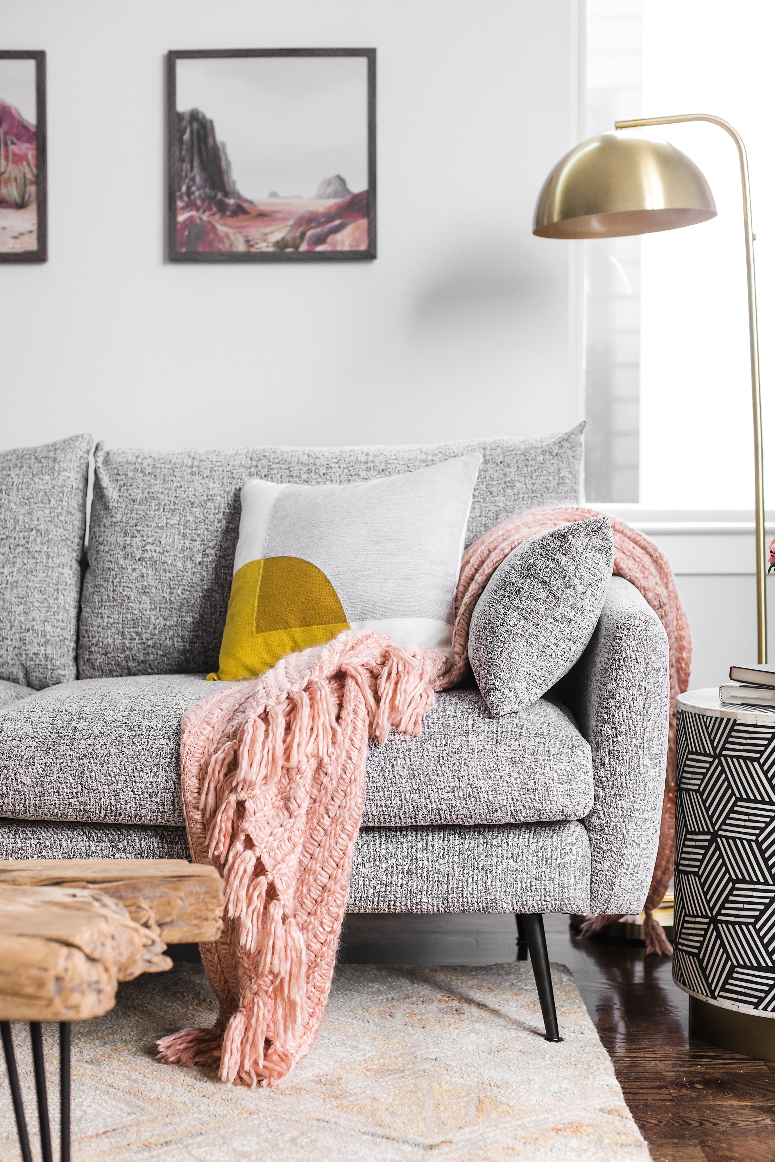 Quartz Bouclé gold left facing | Park Sectional Sofa shown in Quartz Bouclé with gold legs left facing