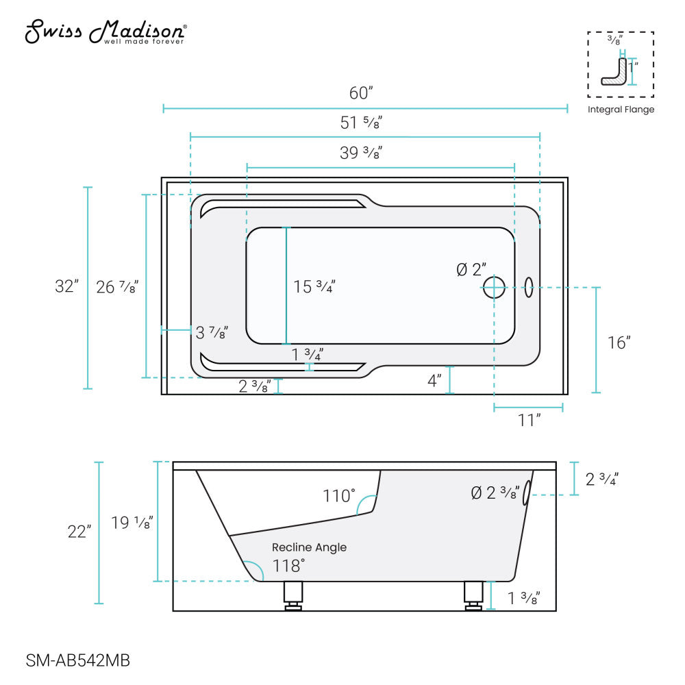 Swiss Madison Voltaire 60" x 32" Right-Hand Drain Alcove Bathtub with Apron in Matte Black | SM-AB542MB