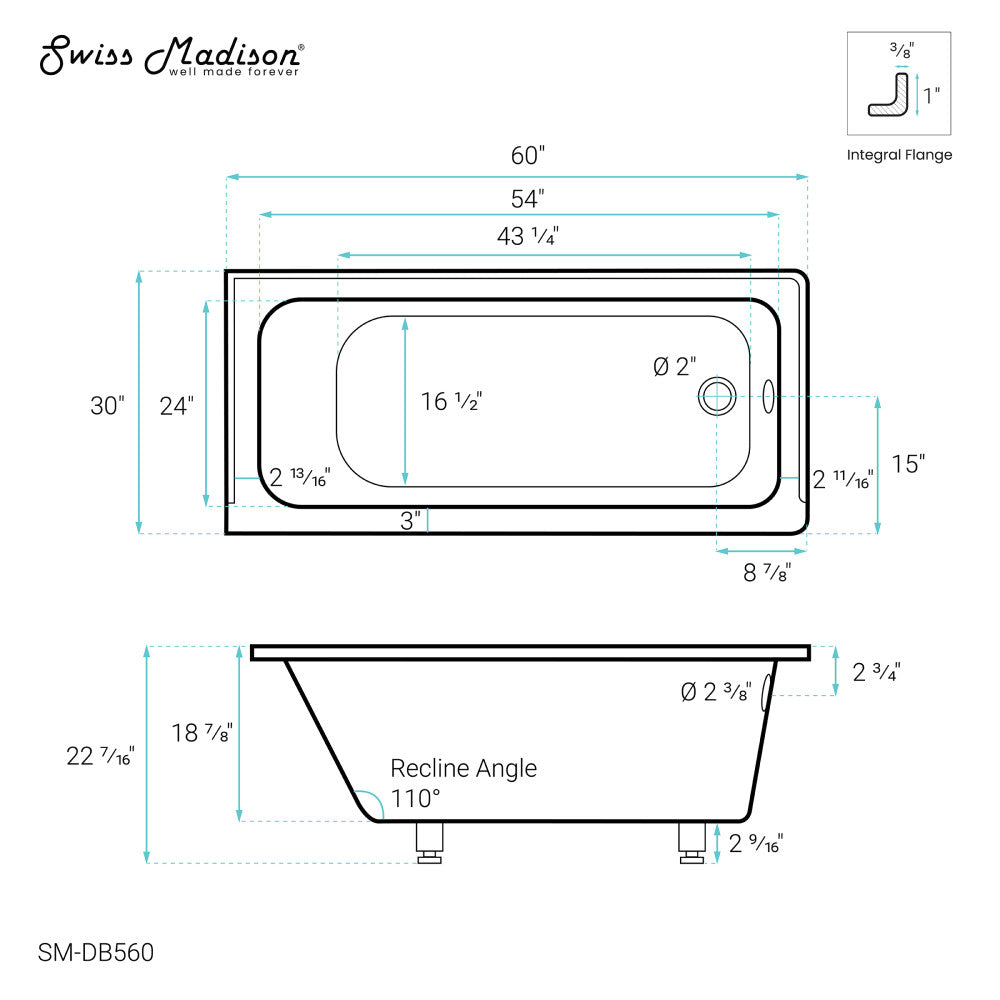 Swiss Madison Voltaire 60" x 30" Right-Hand Drain Alcove Bathtub | SM-DB560